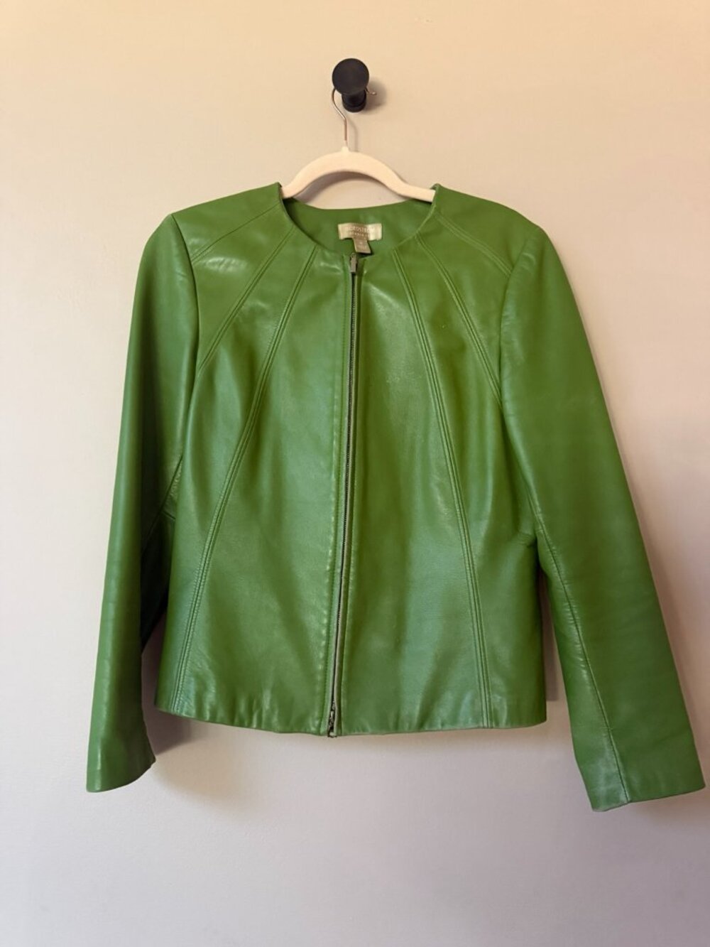 Nordstrom Studio 121 Green Lambskin Leather Collarless Zip Jacket Womens M